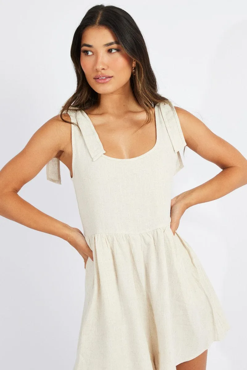 Beige Playsuit Sleeveless Shoulder Tie