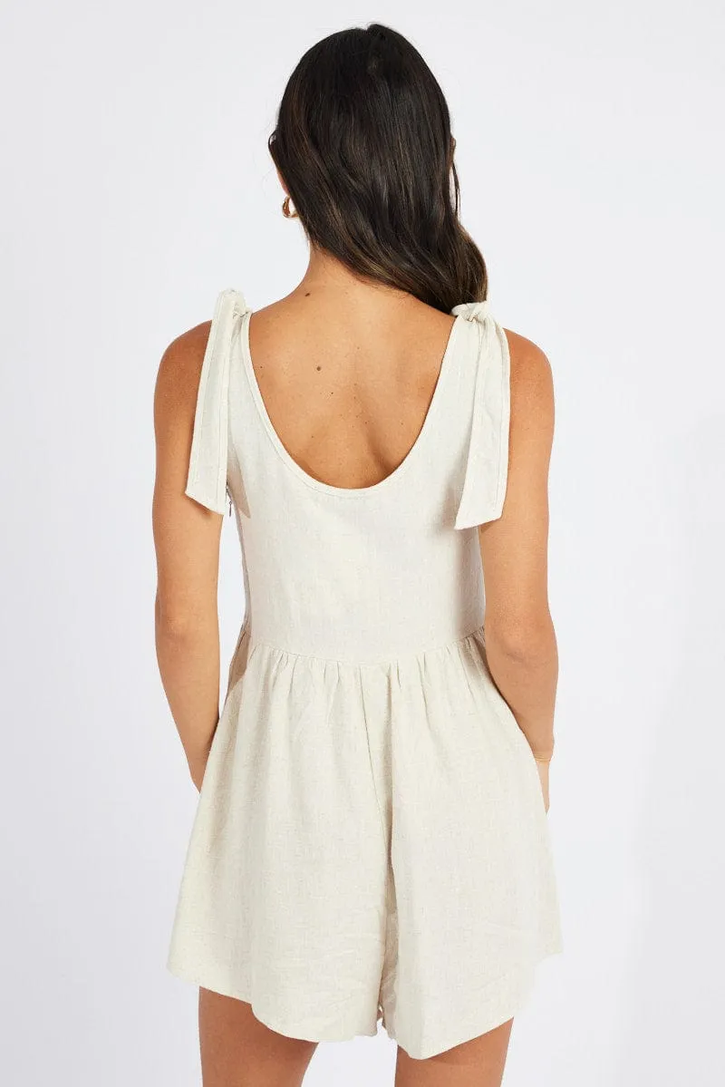 Beige Playsuit Sleeveless Shoulder Tie