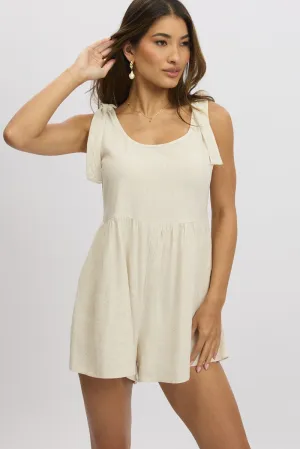 Beige Playsuit Sleeveless Tie Shoulder Linen Blend
