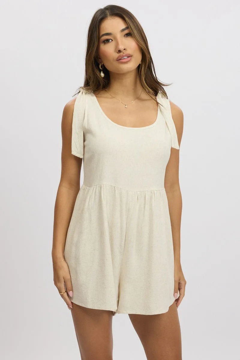 Beige Playsuit Sleeveless Tie Shoulder Linen Blend