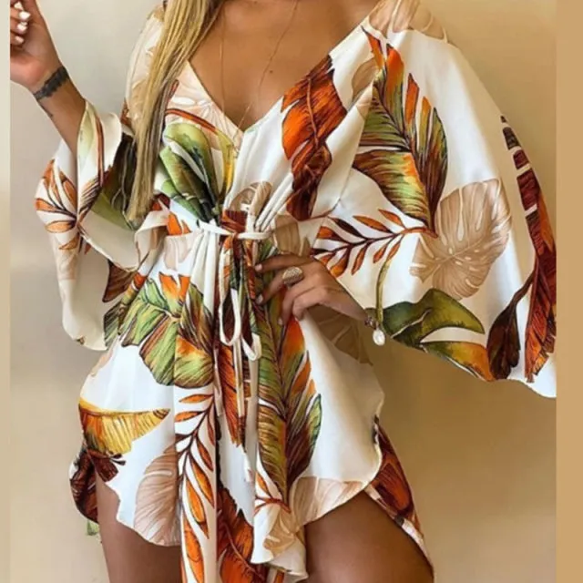 BerryBetty - Sexy V-Neck Women Mini Dress Casual Leaf Leopard Print Harajuku Batwing Sleeve Dress Lady Elegant Lace-Up Irregular Party Dress