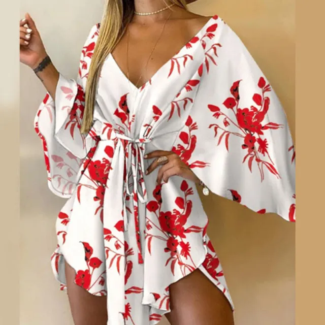 BerryBetty - Sexy V-Neck Women Mini Dress Casual Leaf Leopard Print Harajuku Batwing Sleeve Dress Lady Elegant Lace-Up Irregular Party Dress