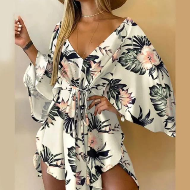 BerryBetty - Sexy V-Neck Women Mini Dress Casual Leaf Leopard Print Harajuku Batwing Sleeve Dress Lady Elegant Lace-Up Irregular Party Dress