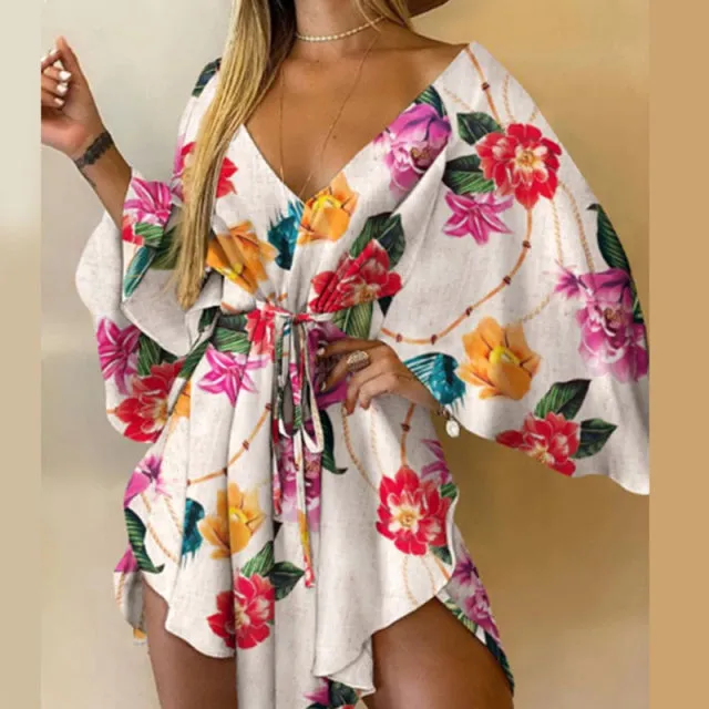 BerryBetty - Sexy V-Neck Women Mini Dress Casual Leaf Leopard Print Harajuku Batwing Sleeve Dress Lady Elegant Lace-Up Irregular Party Dress