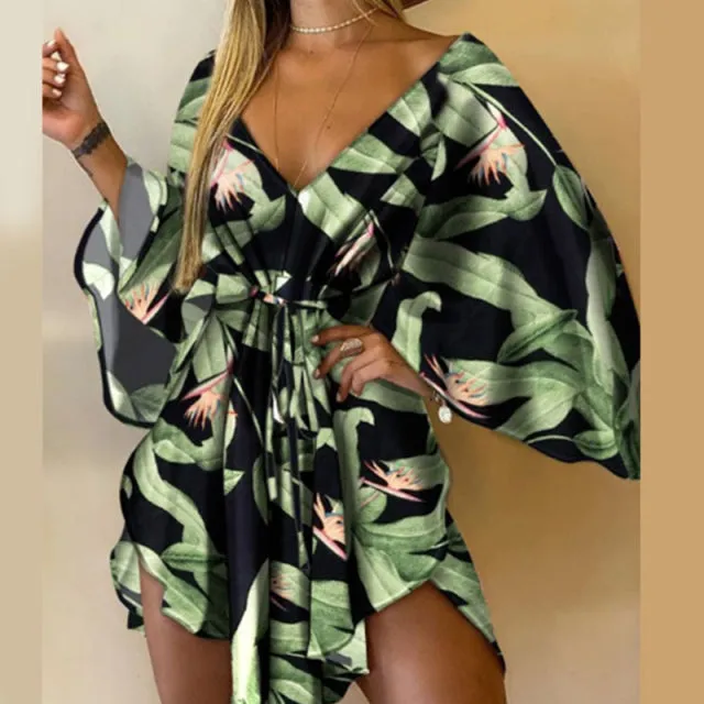 BerryBetty - Sexy V-Neck Women Mini Dress Casual Leaf Leopard Print Harajuku Batwing Sleeve Dress Lady Elegant Lace-Up Irregular Party Dress