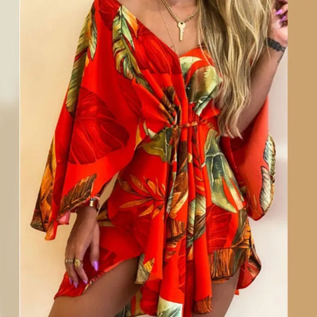 BerryBetty - Sexy V-Neck Women Mini Dress Casual Leaf Leopard Print Harajuku Batwing Sleeve Dress Lady Elegant Lace-Up Irregular Party Dress