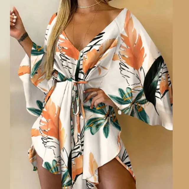 BerryBetty - Sexy V-Neck Women Mini Dress Casual Leaf Leopard Print Harajuku Batwing Sleeve Dress Lady Elegant Lace-Up Irregular Party Dress