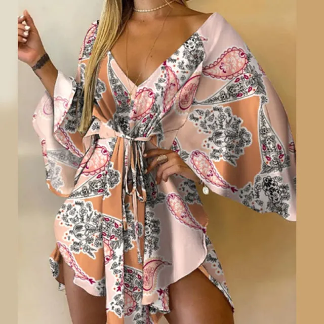BerryBetty - Sexy V-Neck Women Mini Dress Casual Leaf Leopard Print Harajuku Batwing Sleeve Dress Lady Elegant Lace-Up Irregular Party Dress