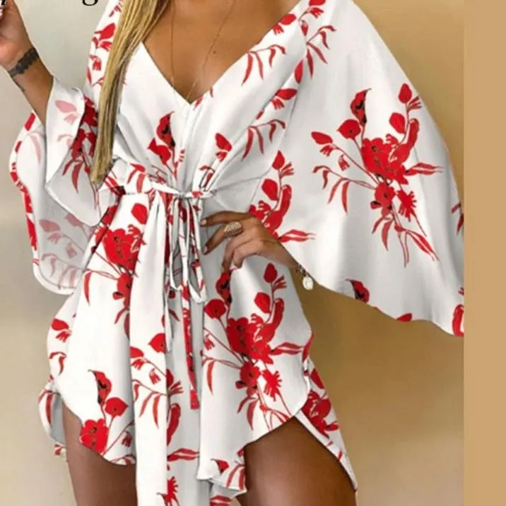 BerryBetty - Sexy V-Neck Women Mini Dress Casual Leaf Leopard Print Harajuku Batwing Sleeve Dress Lady Elegant Lace-Up Irregular Party Dress