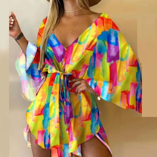 BerryBetty - Sexy V-Neck Women Mini Dress Casual Leaf Leopard Print Harajuku Batwing Sleeve Dress Lady Elegant Lace-Up Irregular Party Dress