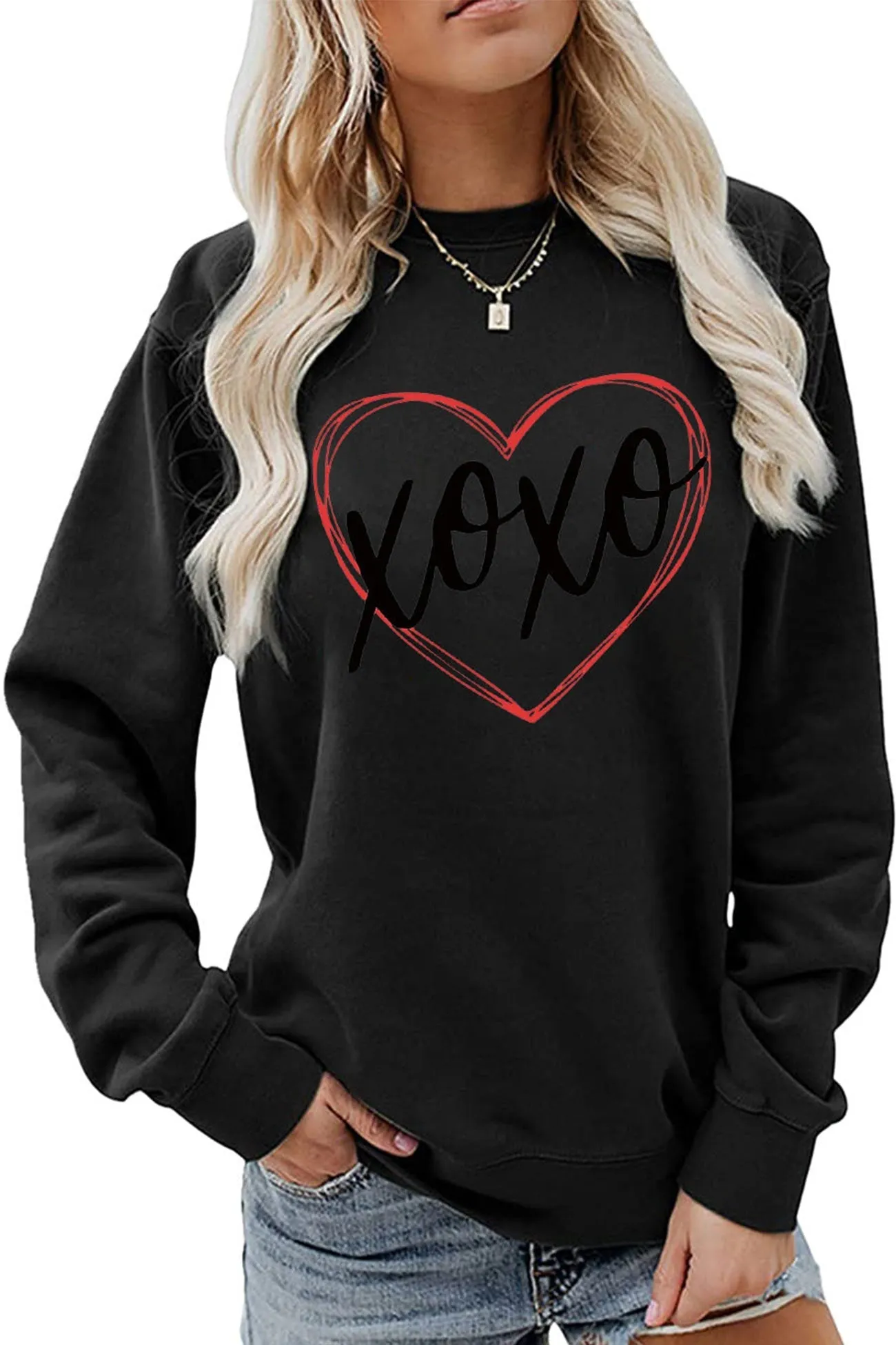 BerryBetty - Thin Line Heart Letter Graphic Sweatshirt