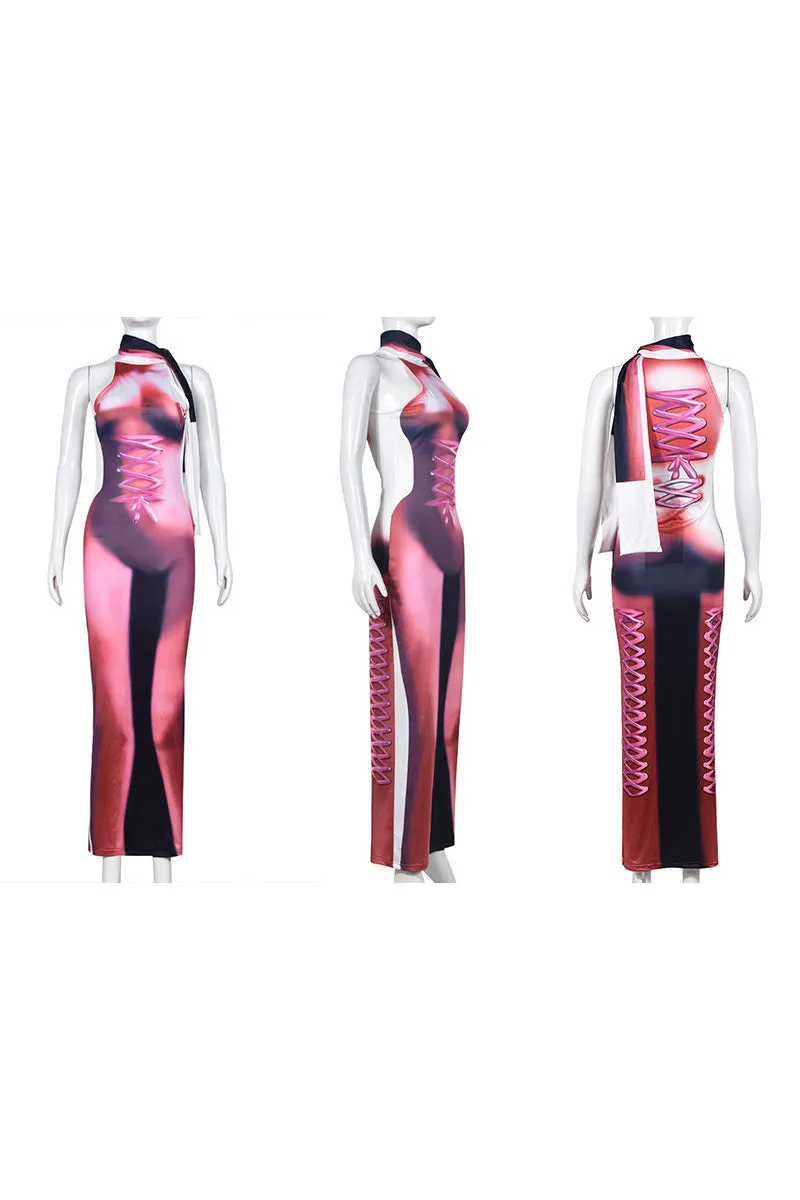 BI0404 Graphic Sleeveless Long Dress