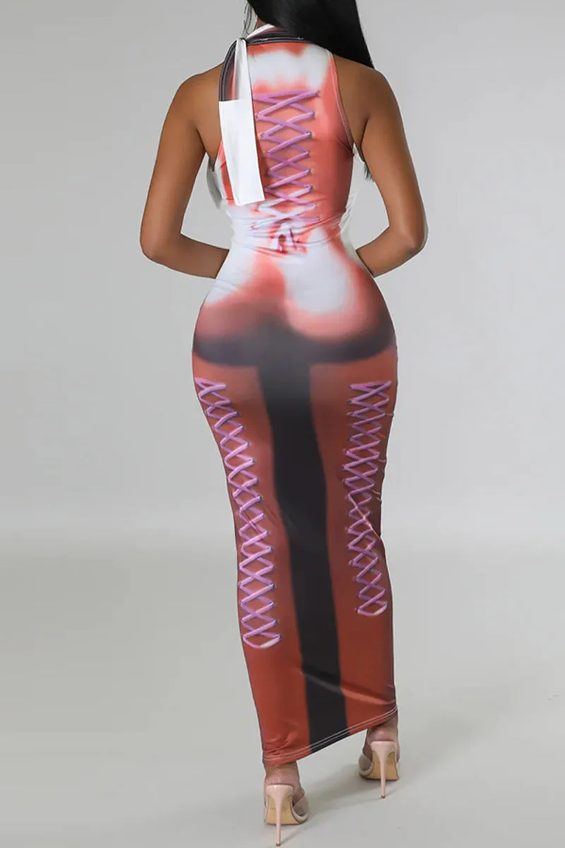 BI0404 Graphic Sleeveless Long Dress