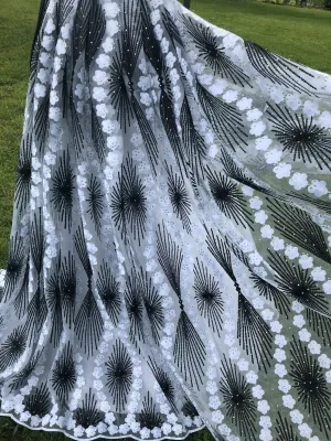 Black and White Embroidered Lace Fabric with Rhinestones