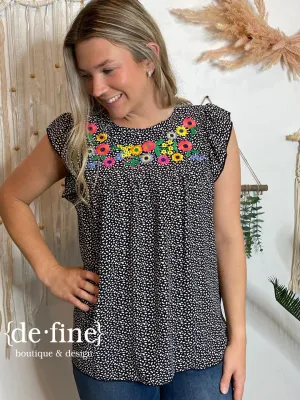 Black Cheetah Dot Top with Bright Embroidered Flowers in Regular & Curvy
