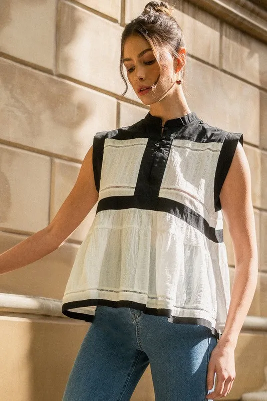 Black Combo Contrast Trim Peplum Button Detail Blouse