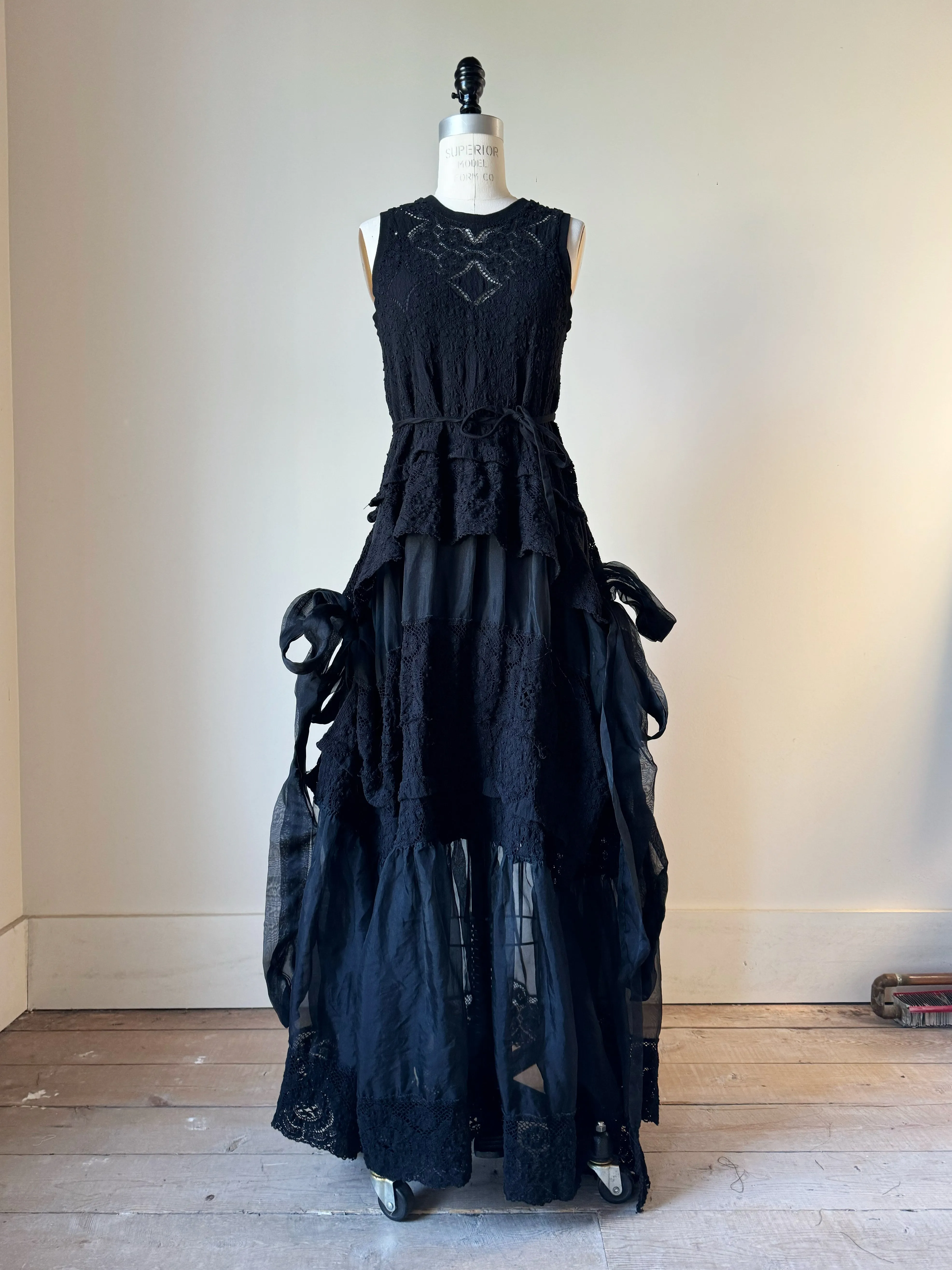 black cotton lace and silk organza apron gown