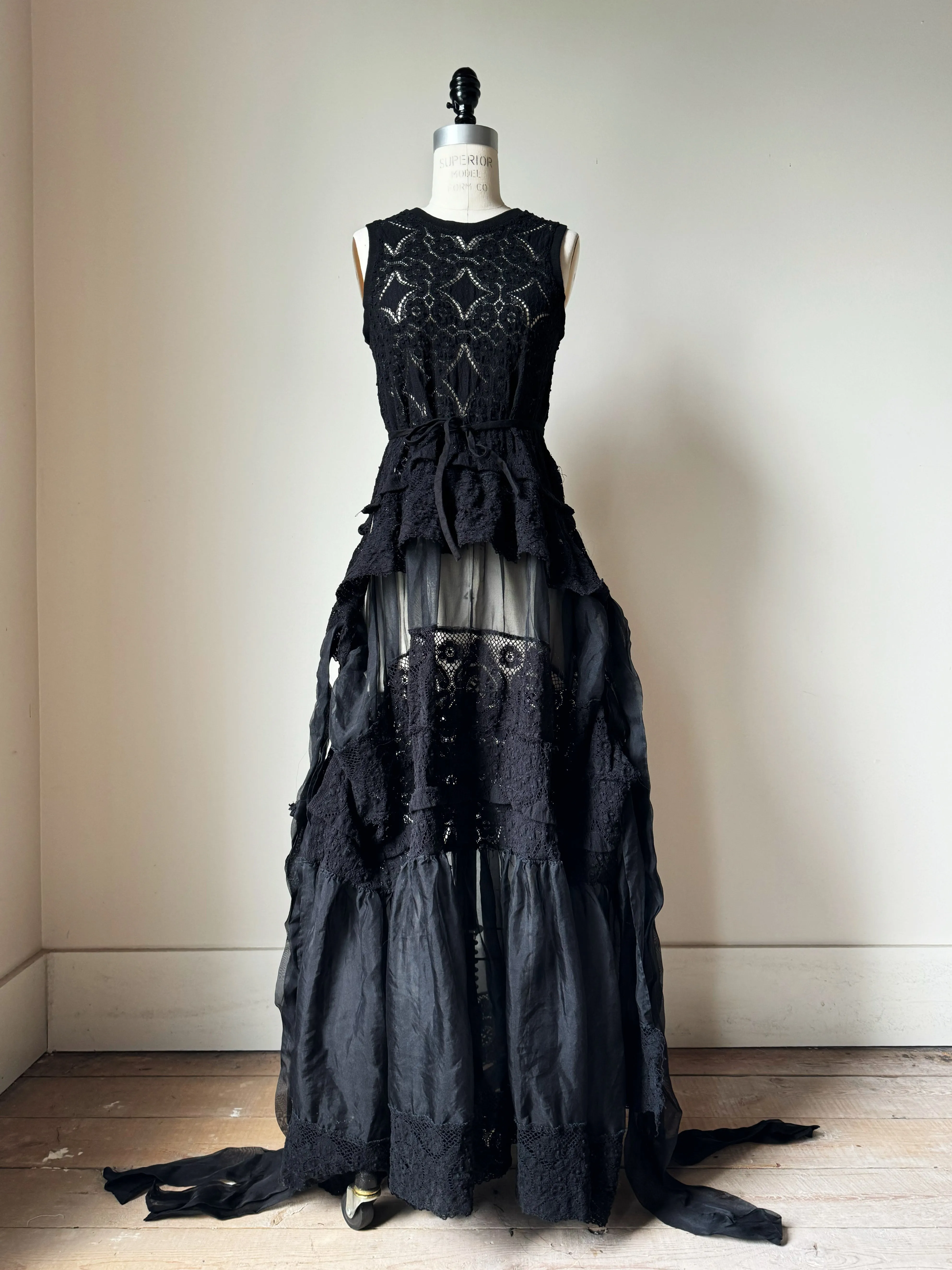 black cotton lace and silk organza apron gown