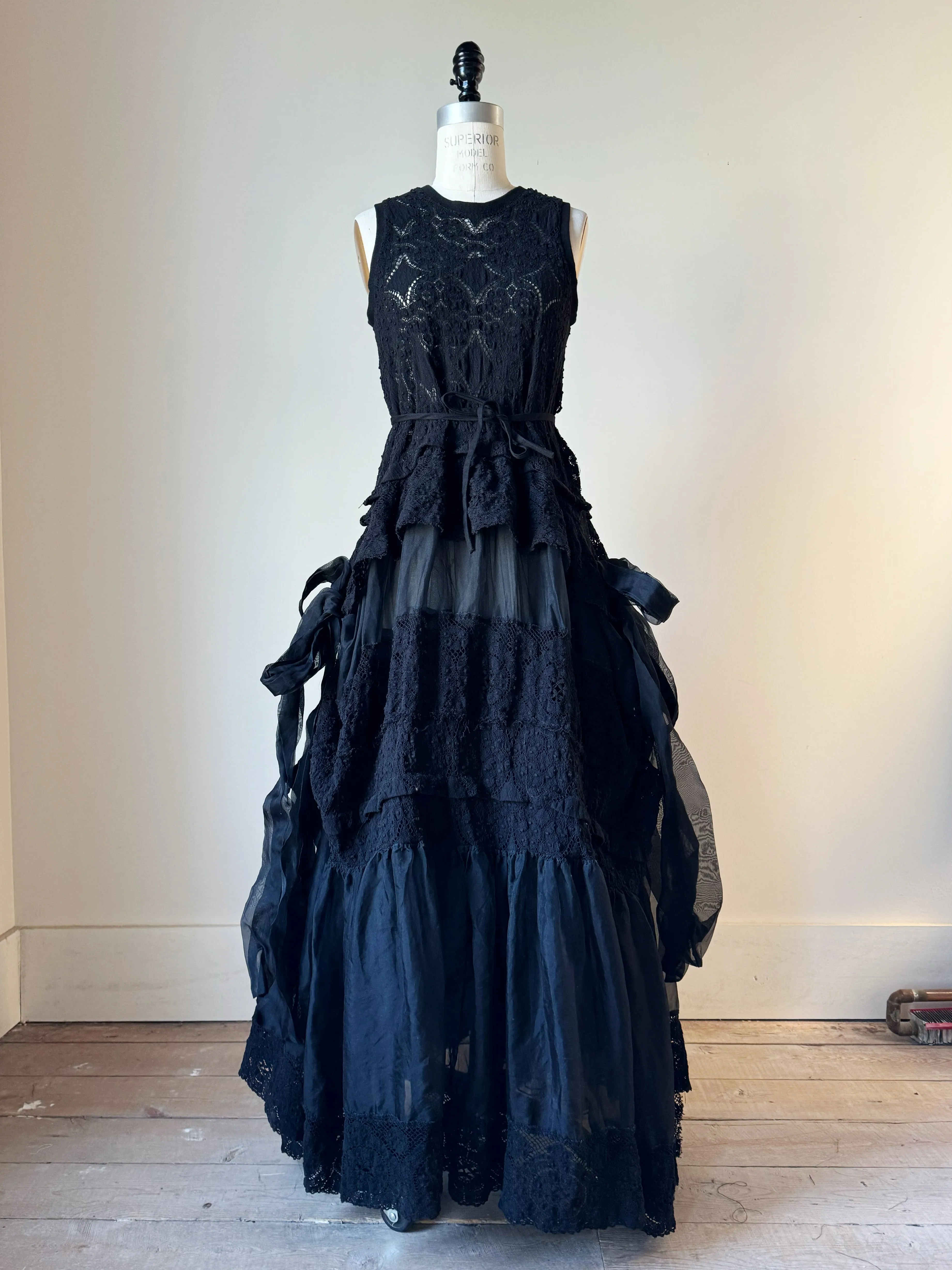 black cotton lace and silk organza apron gown