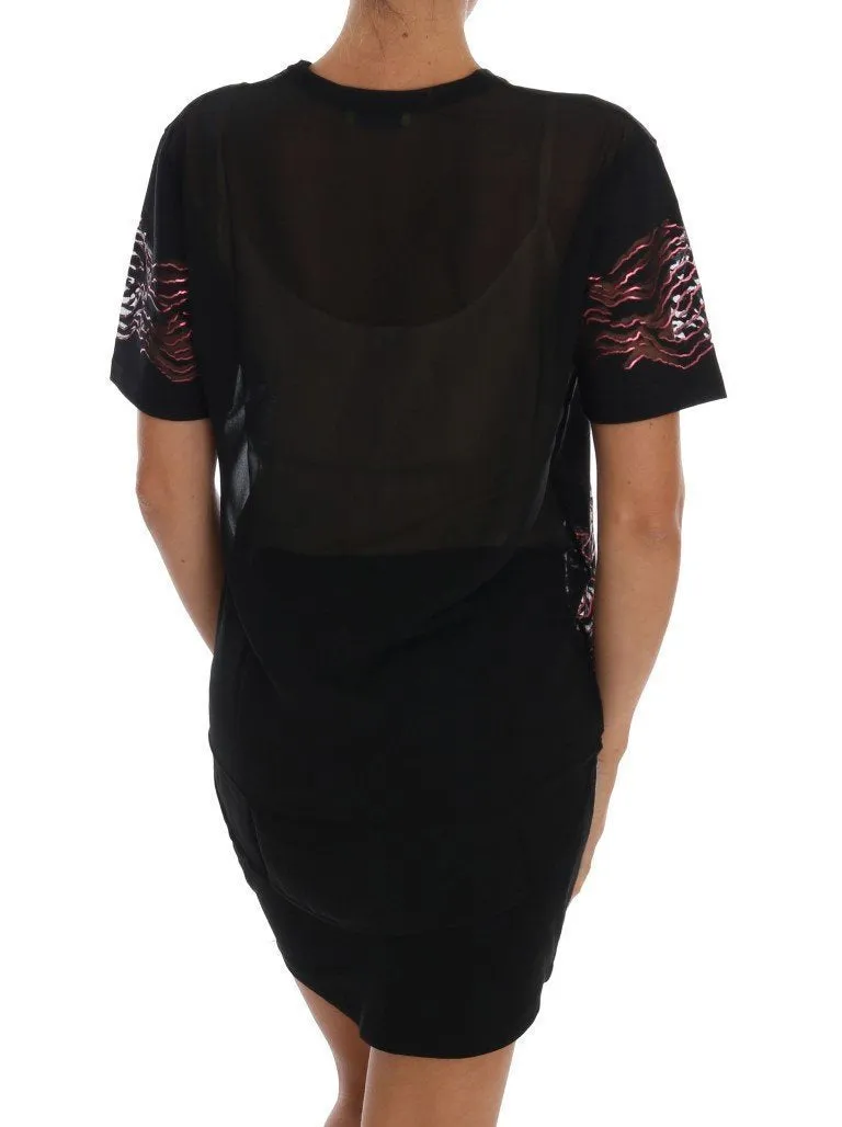 Black Cotton Motive Print T-Shirt