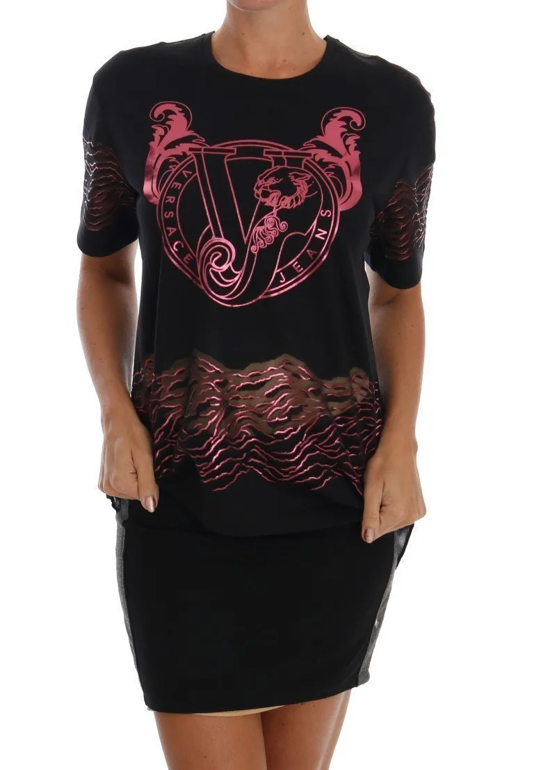 Black Cotton Motive Print T-Shirt