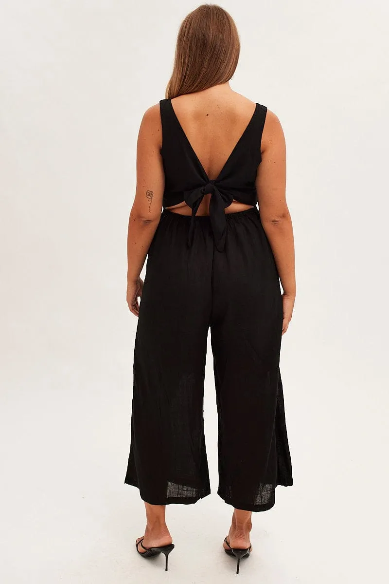 Black Cropped Jumpsuit Button Front Linen Blend