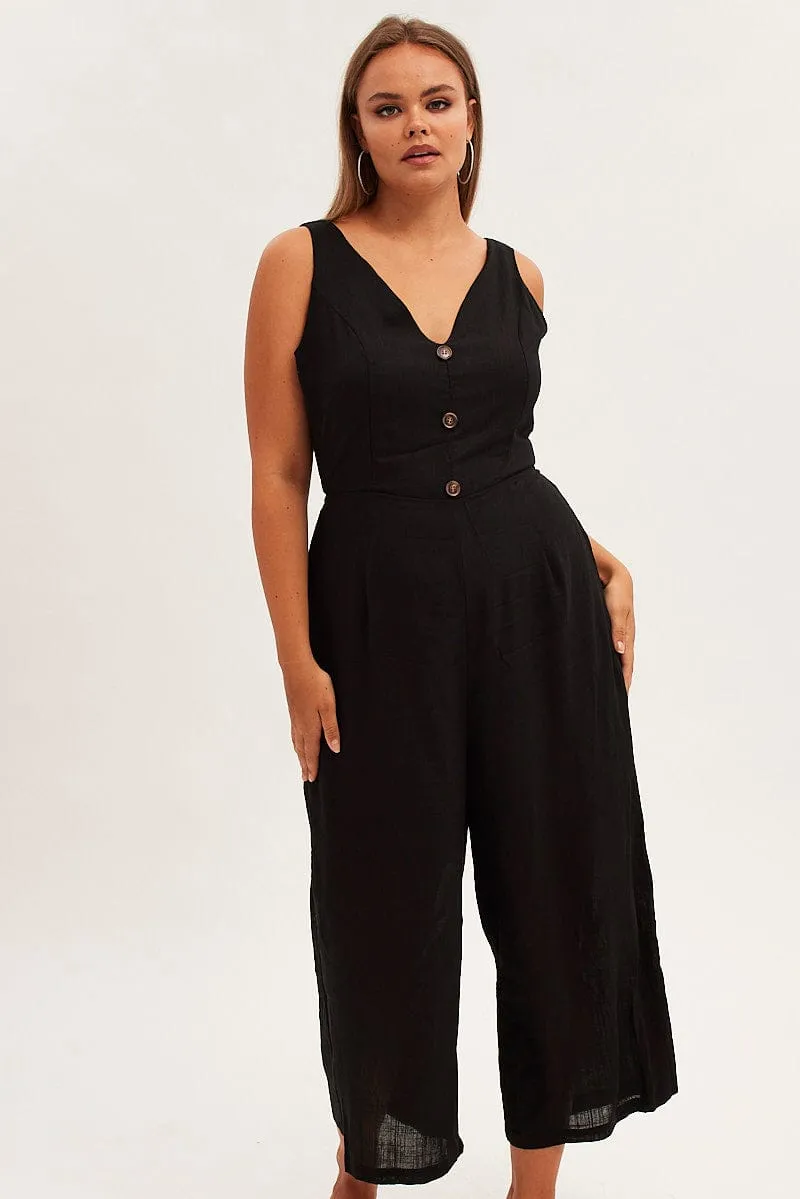 Black Cropped Jumpsuit Button Front Linen Blend