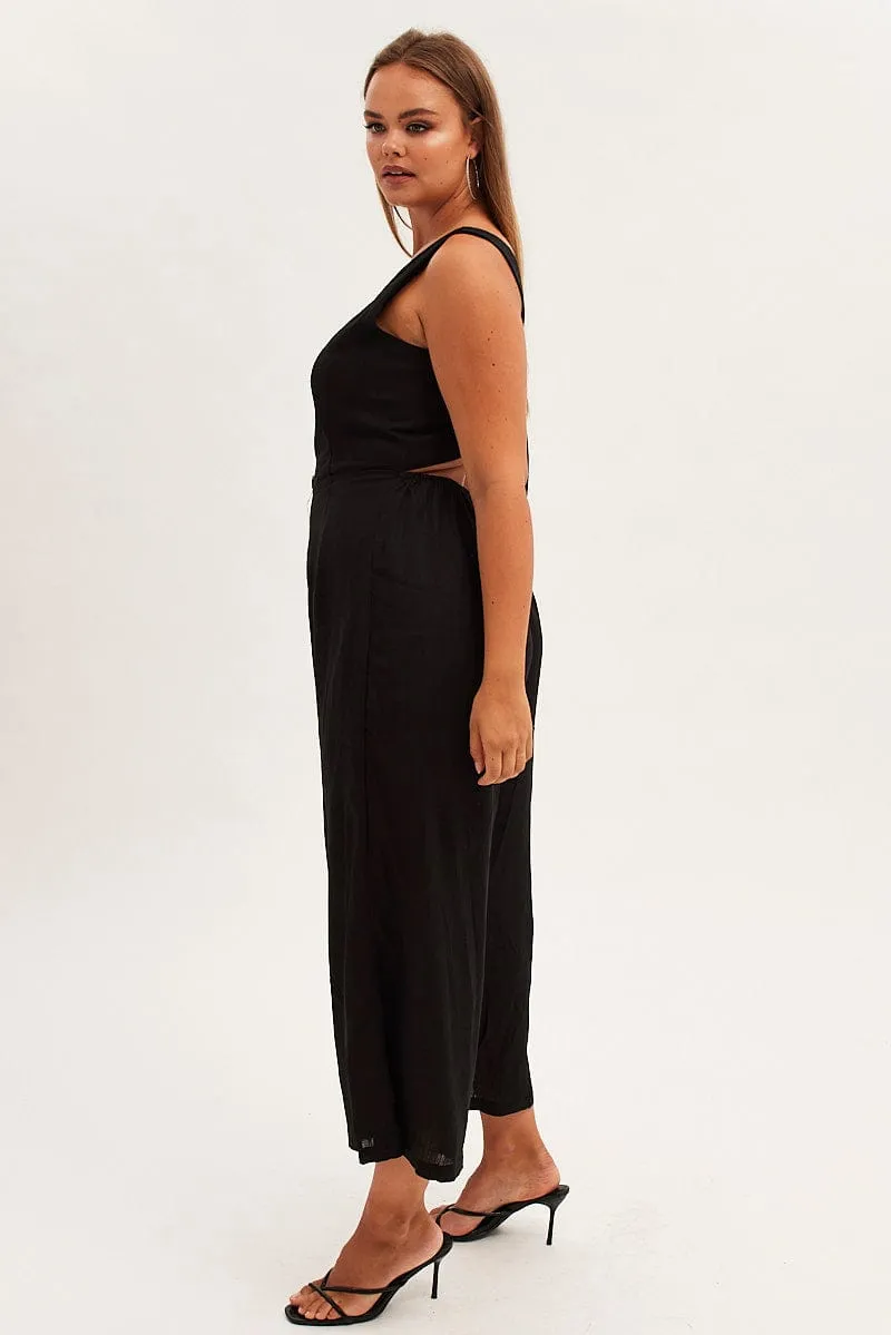 Black Cropped Jumpsuit Button Front Linen Blend