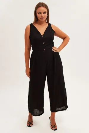 Black Cropped Jumpsuit Button Front Linen Blend