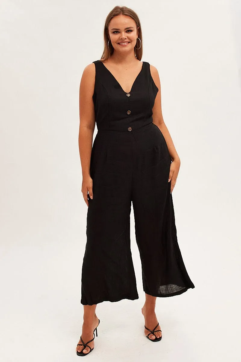 Black Cropped Jumpsuit Button Front Linen Blend