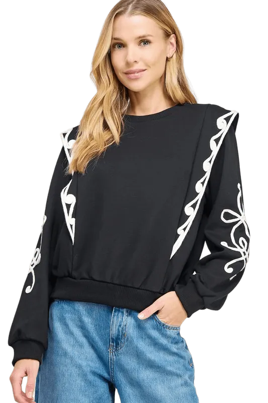 Black embroidered ruffle sweatshirt top