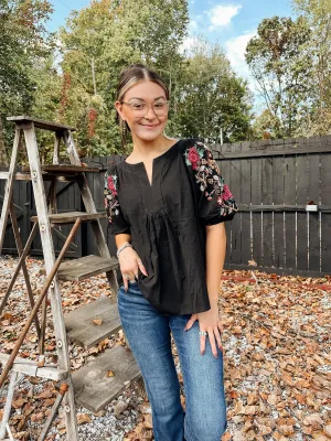 Black Embroidered Sleeve Top with V Neck Placket