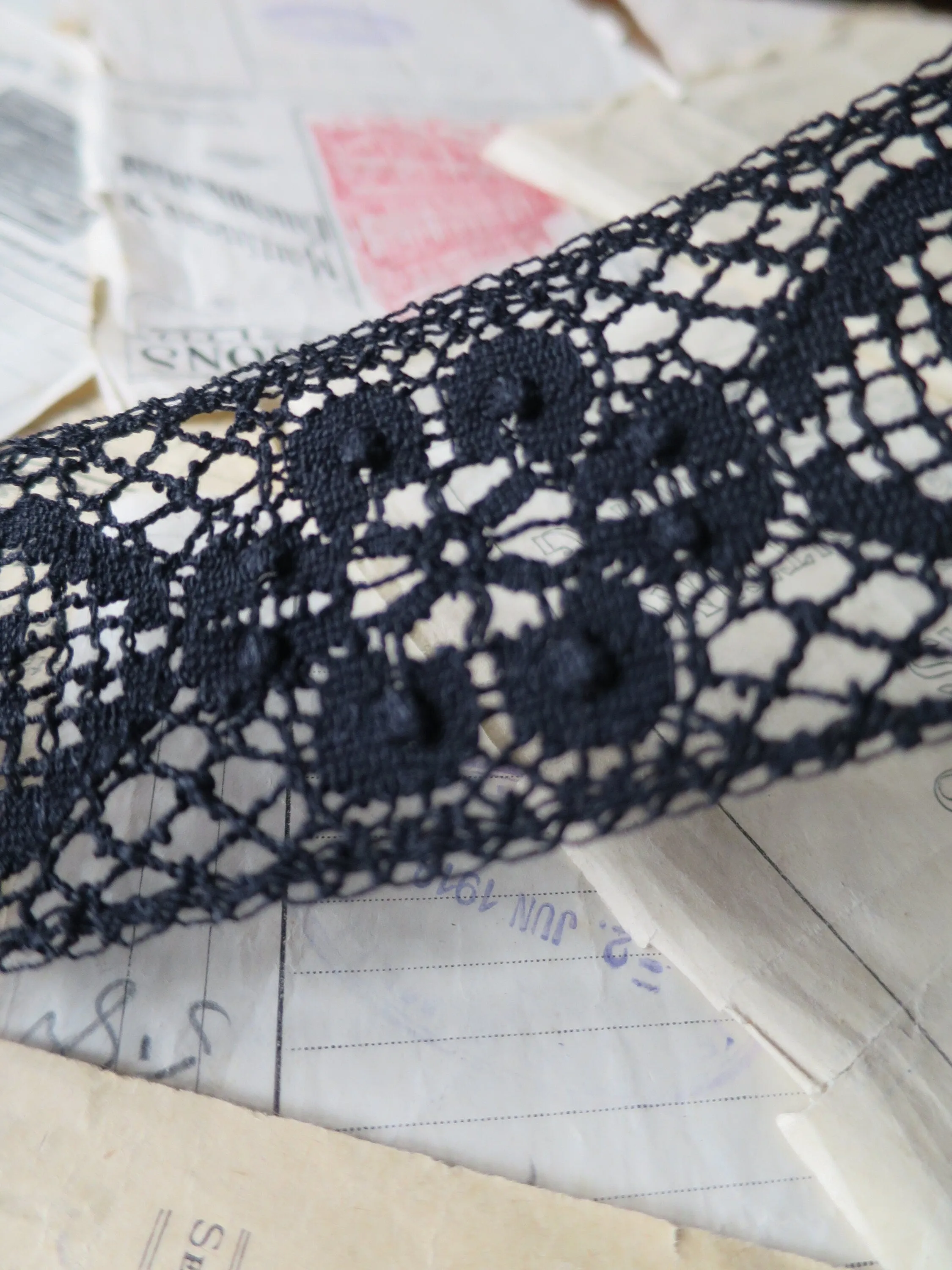 Black English Nottingham Cluny Lace- Raised Floral & Oval Torchon Guipure- Insertion- 6 cm