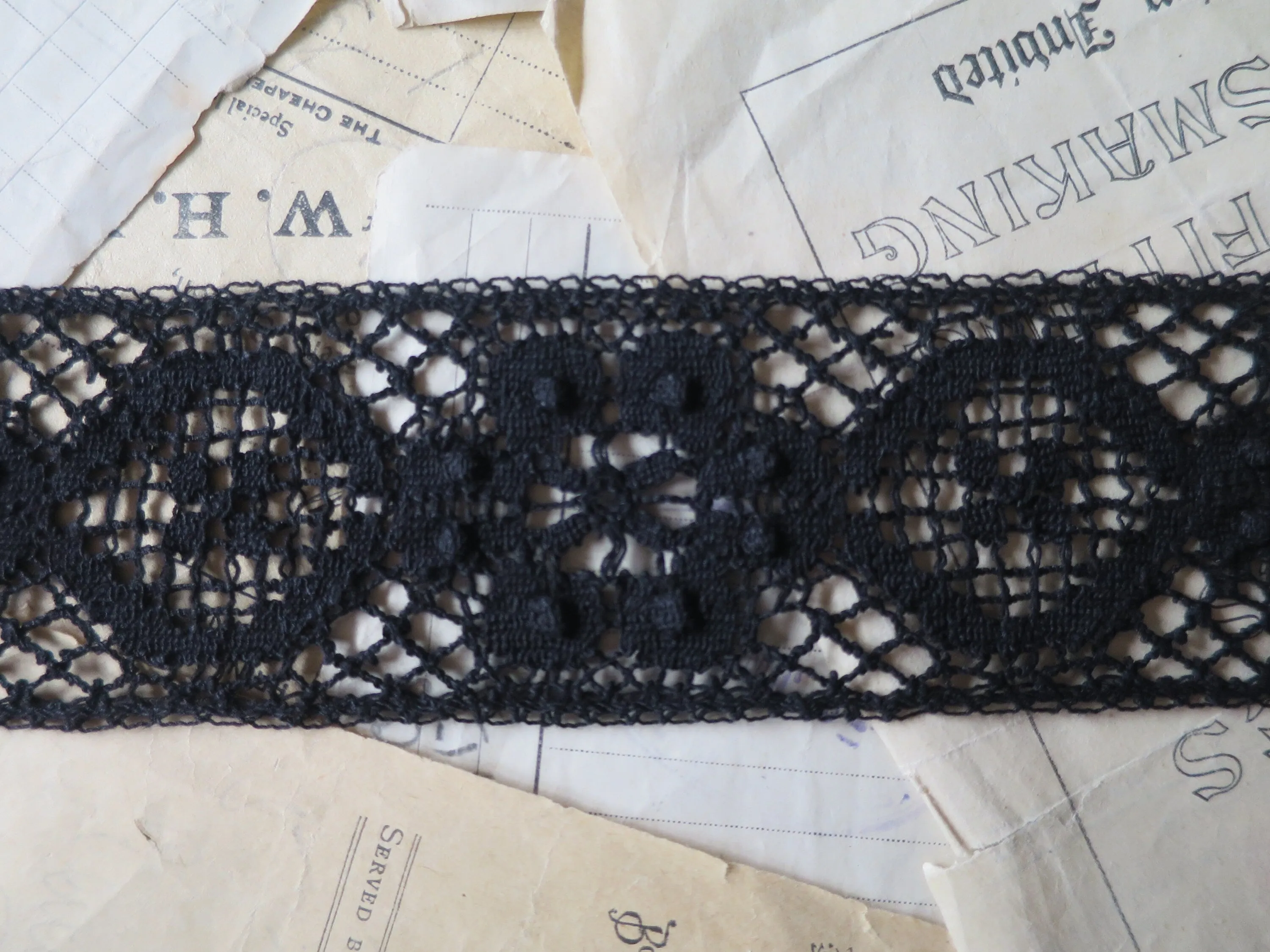 Black English Nottingham Cluny Lace- Raised Floral & Oval Torchon Guipure- Insertion- 6 cm
