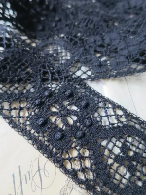 Black English Nottingham Cluny Lace- Raised Floral & Oval Torchon Guipure- Insertion- 6 cm