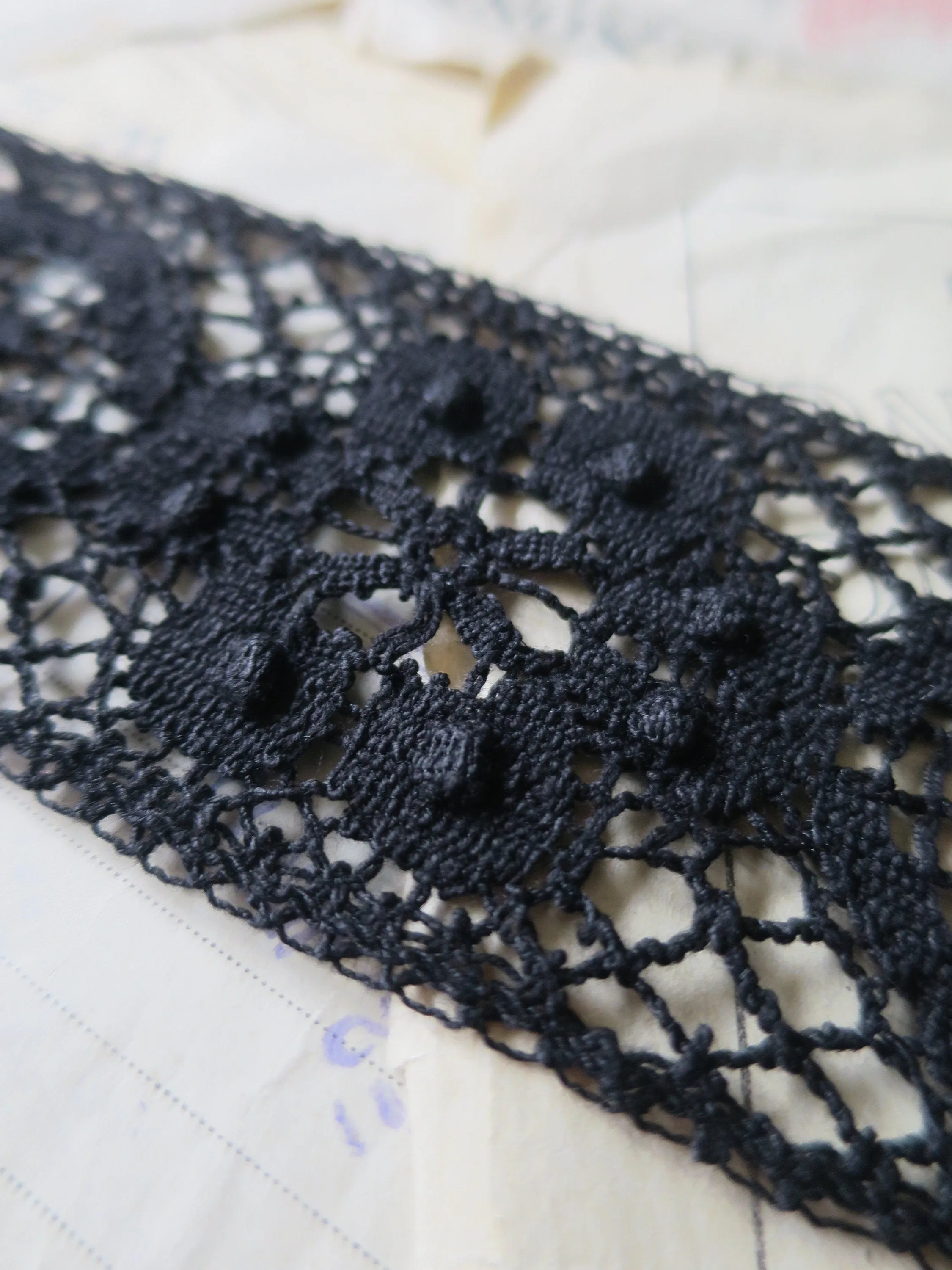 Black English Nottingham Cluny Lace- Raised Floral & Oval Torchon Guipure- Insertion- 6 cm