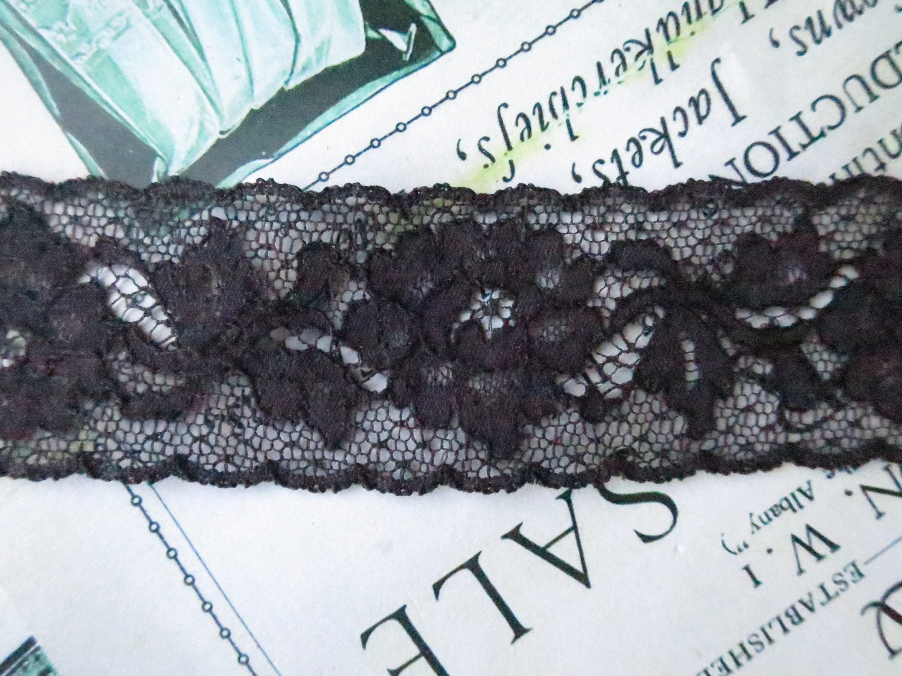 Black English Nottingham Lace- Alencon Flowers- Galloon- 3.5 cm
