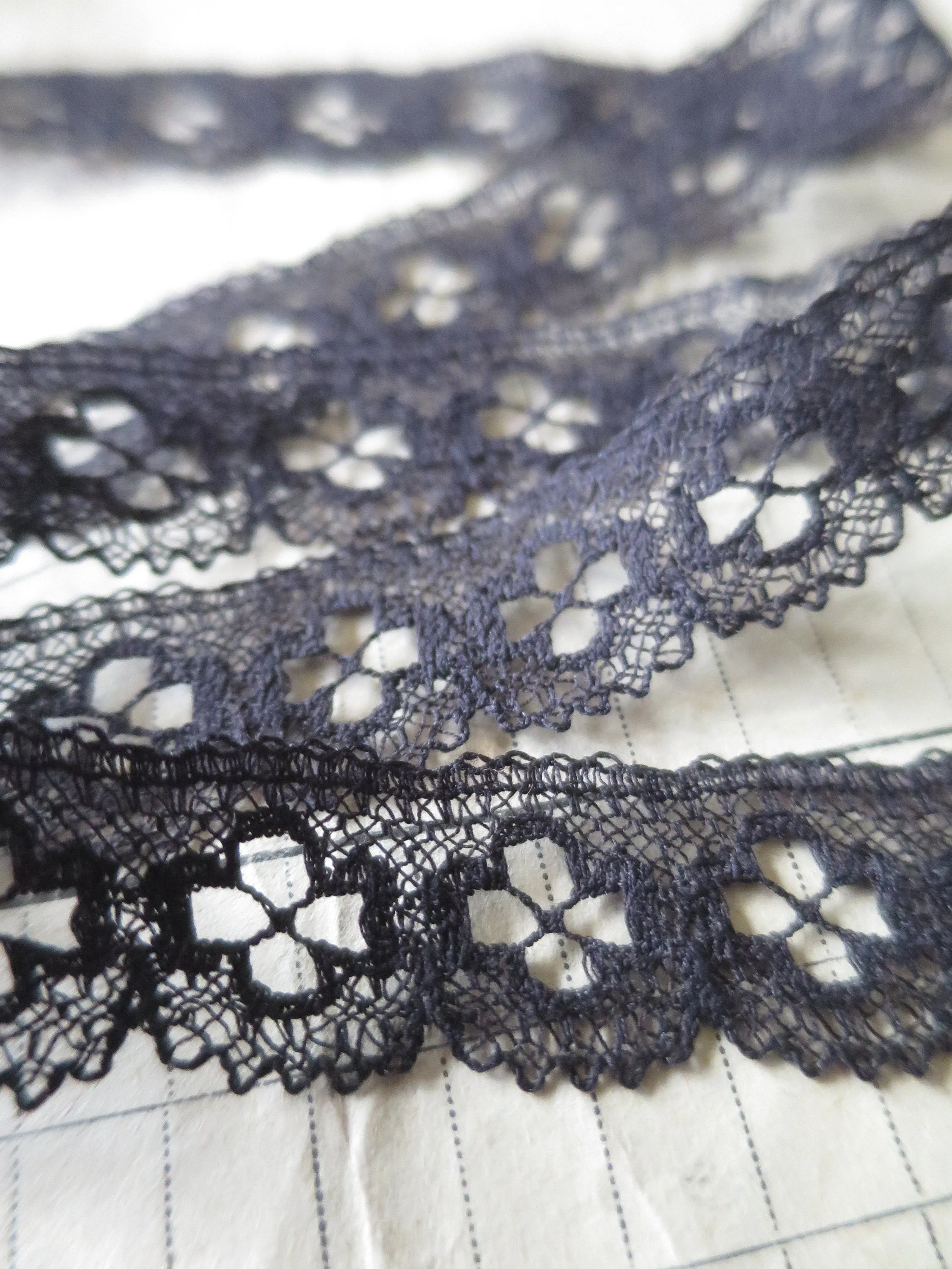 Black English Nottingham Lace- Bucks Point Clover Eyelets- 1.7 cm