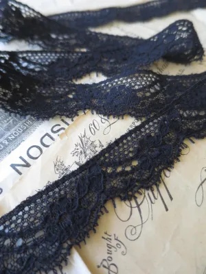 Black English Nottingham Lace- Raised Floral Swags Point Lace- 2.5 cm