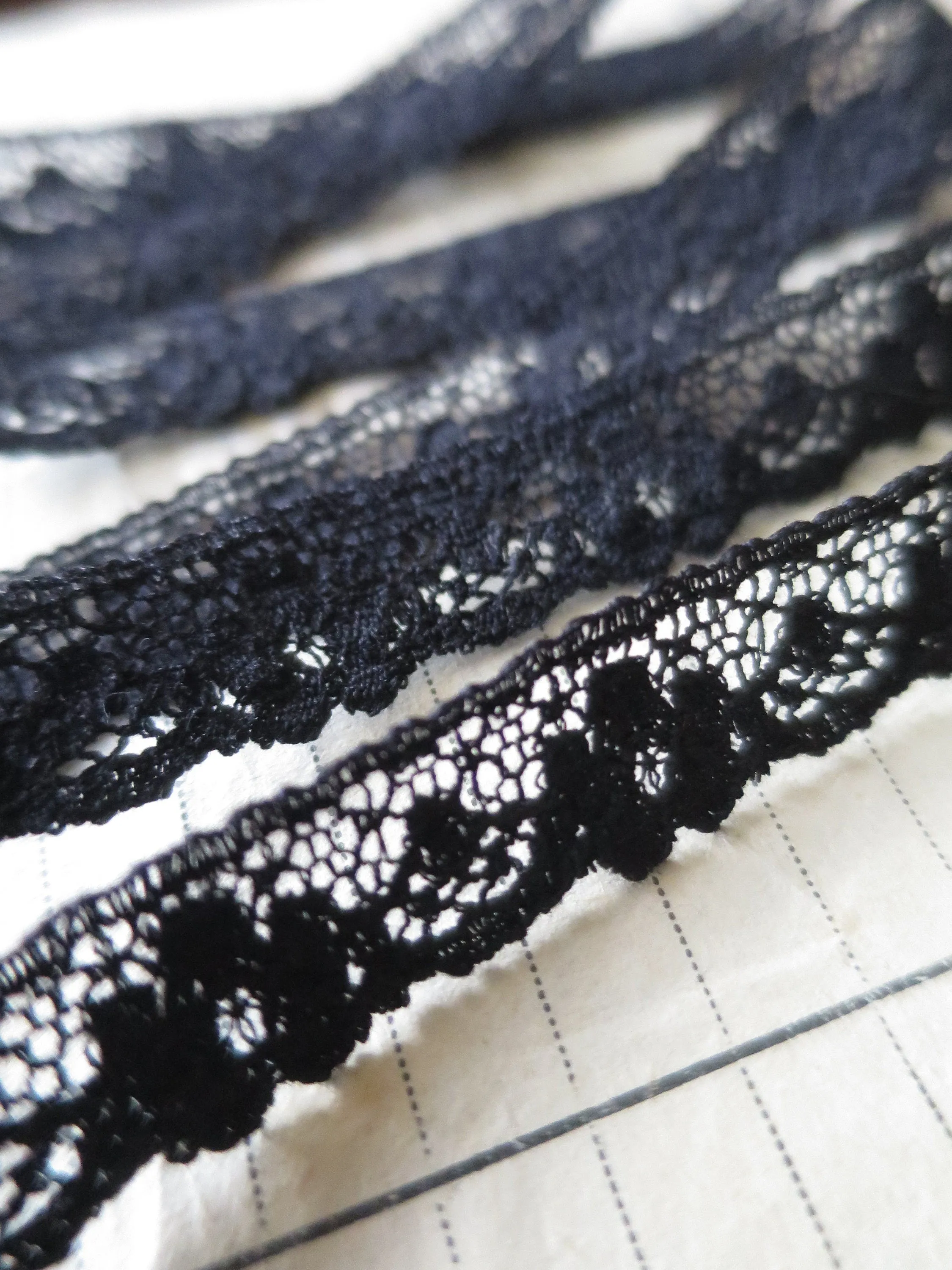 Black English Nottingham Lace- Scalloped Raised Floral Guipure- 1.3 cm