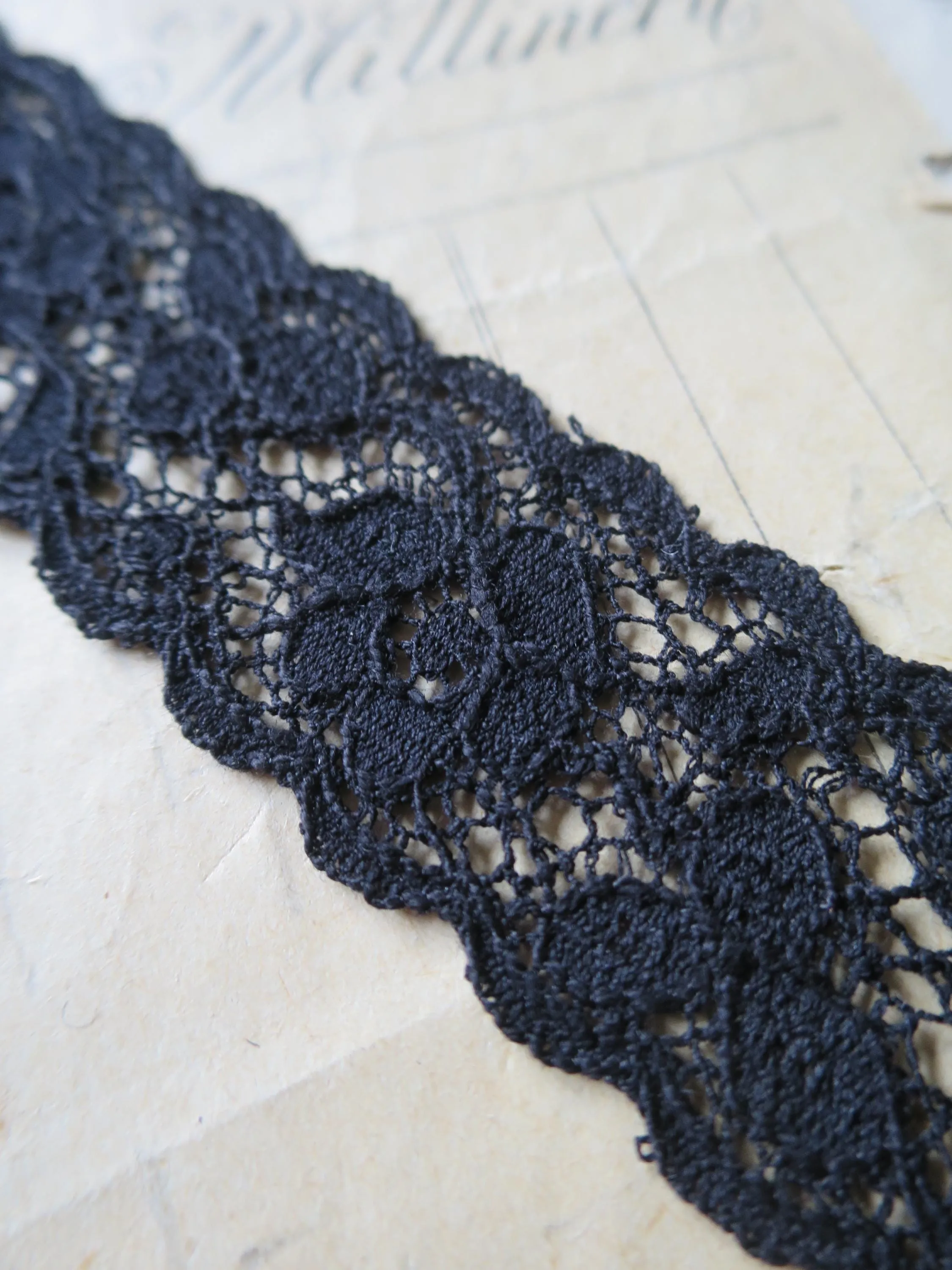 Black English Nottingham Lace- Scalloped Raised Floral Guipure- Galloon- 2.7 cm