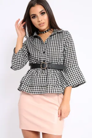 Black Gingham Flare Sleeve Peplum Shirt - Kaya