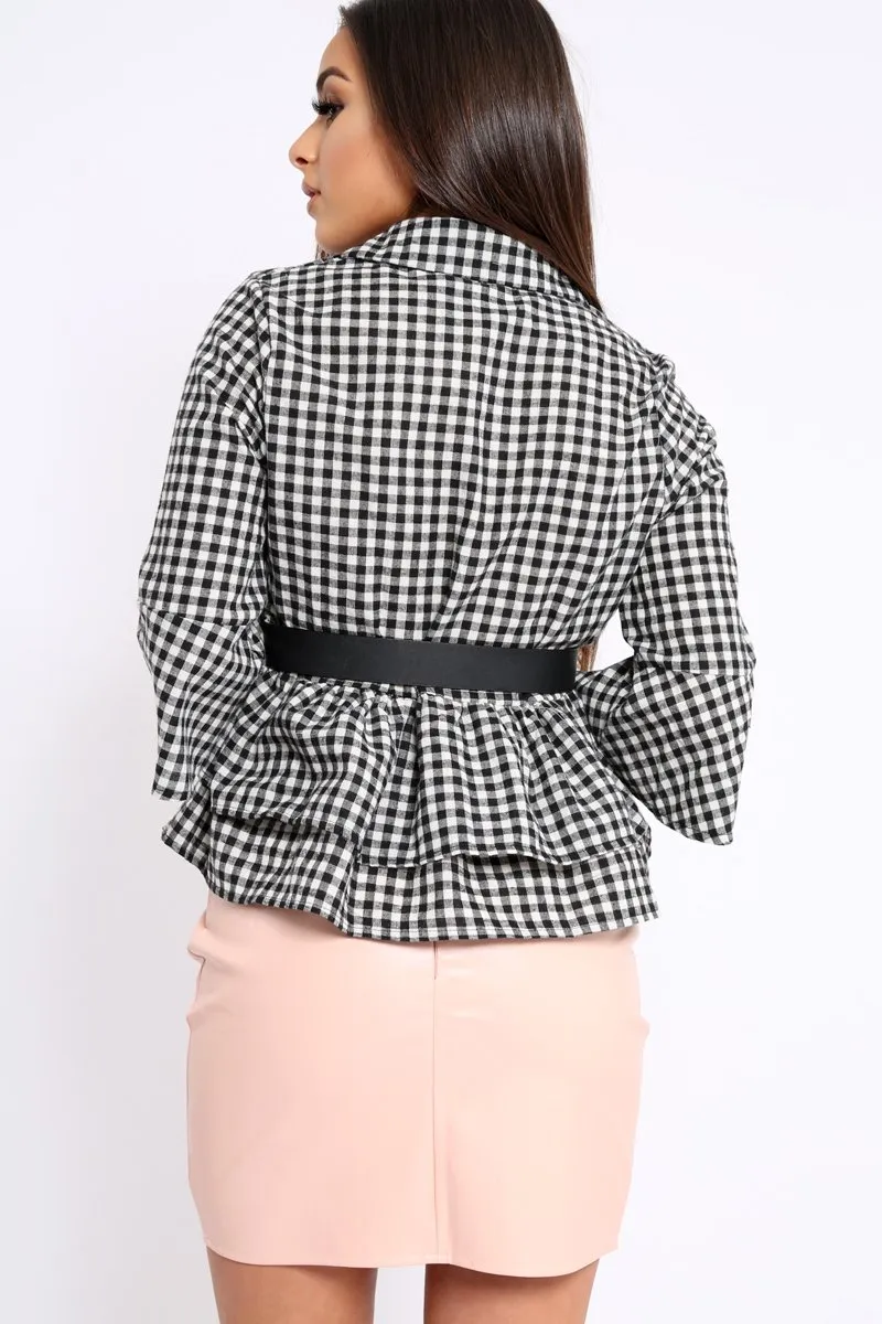 Black Gingham Flare Sleeve Peplum Shirt - Kaya