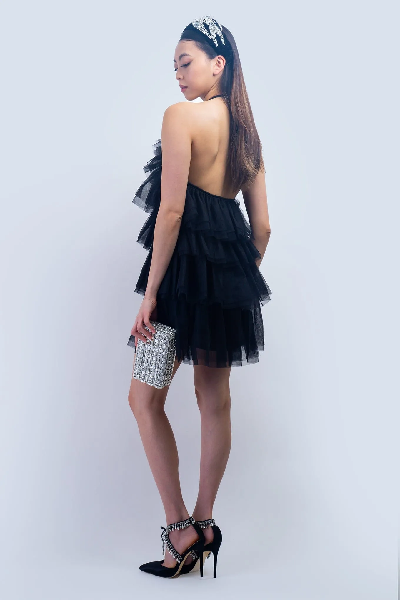 Black Halter Neck Tulle Ruffle Mini Dress