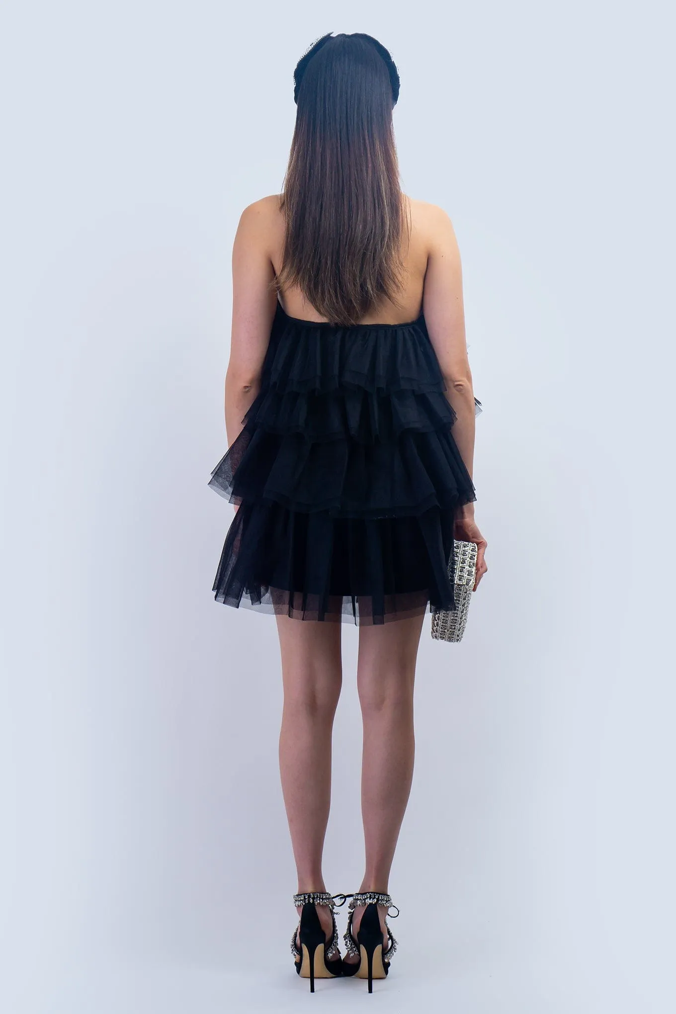 Black Halter Neck Tulle Ruffle Mini Dress