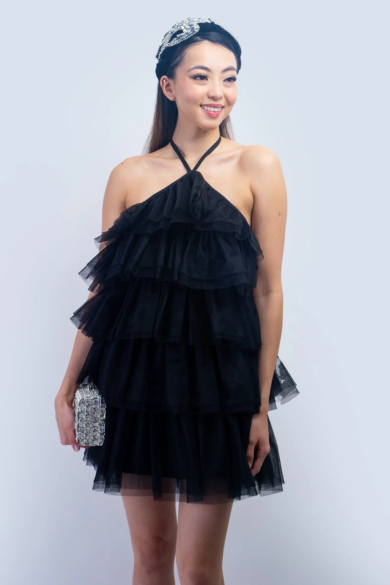 Black Halter Neck Tulle Ruffle Mini Dress