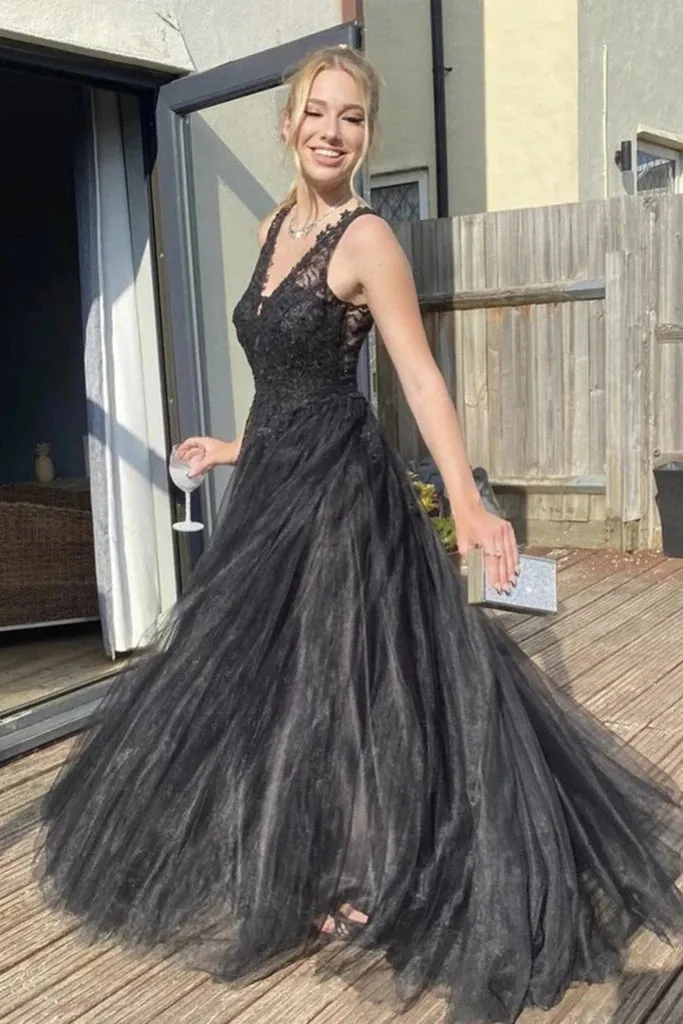 Black Lace Long PromDresses 2025 Tulle V Neck A Line Formal Dresses