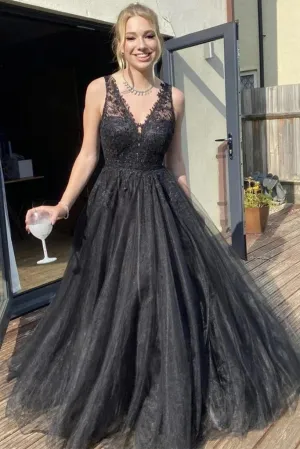 Black Lace Long PromDresses 2025 Tulle V Neck A Line Formal Dresses