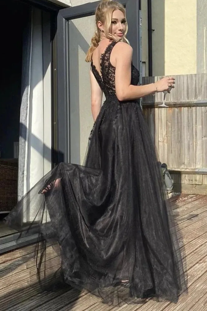 Black Lace Long PromDresses 2025 Tulle V Neck A Line Formal Dresses
