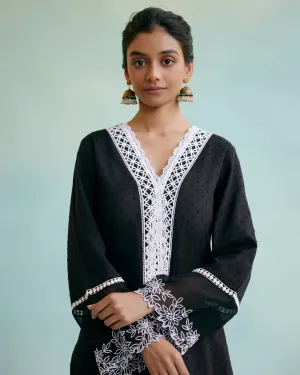 Black Lily Kurta in Cotton Dobby Fabric with 
Lace detailing and Embroidered Sleeves 
with Narrow Pants